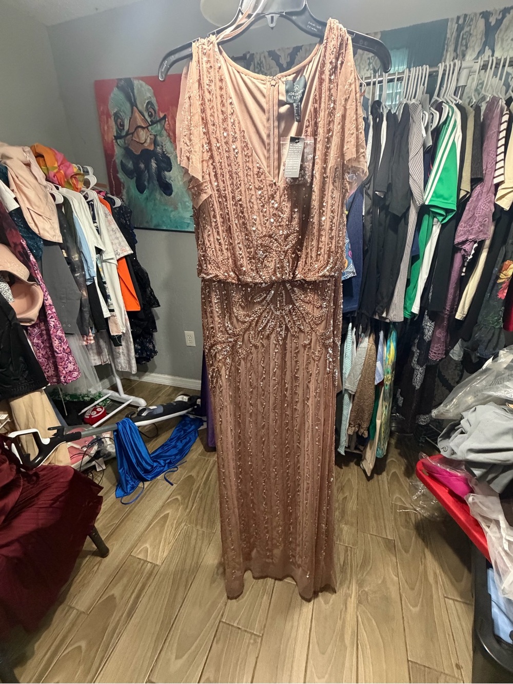 Adrianna Papell Rose Gold Beaded Maxi Dress
